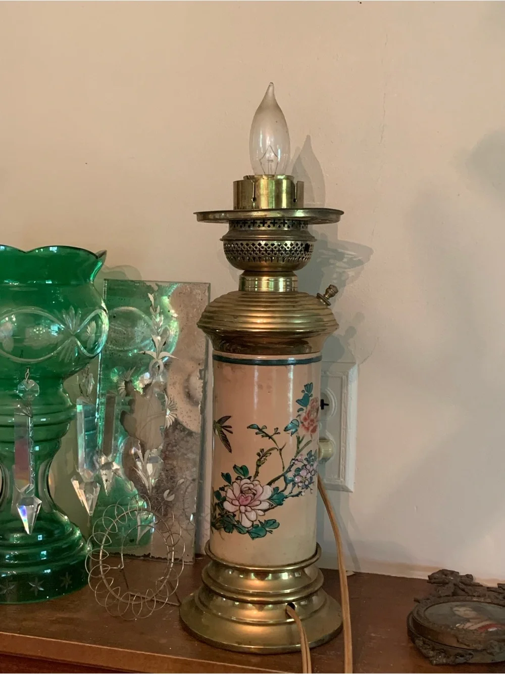 Antique Oil Lamp Converted Japanese Satsuma Meiji Hand Painted Birds Floral